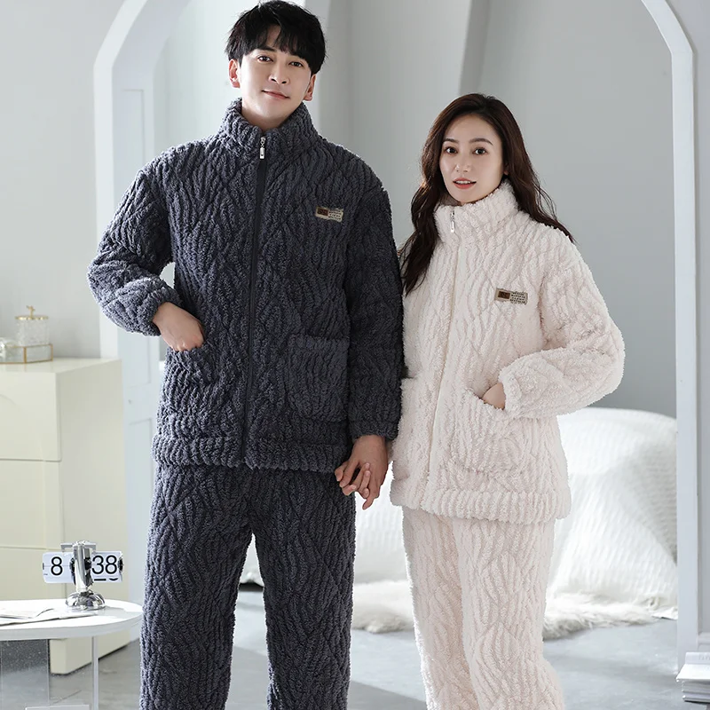 Couple Pajamas Set With Zipper Winter Coral Velvet Padded Pyjamas Women and Men Thick Warm Sleepwear Family Pijamas Lounge Wear