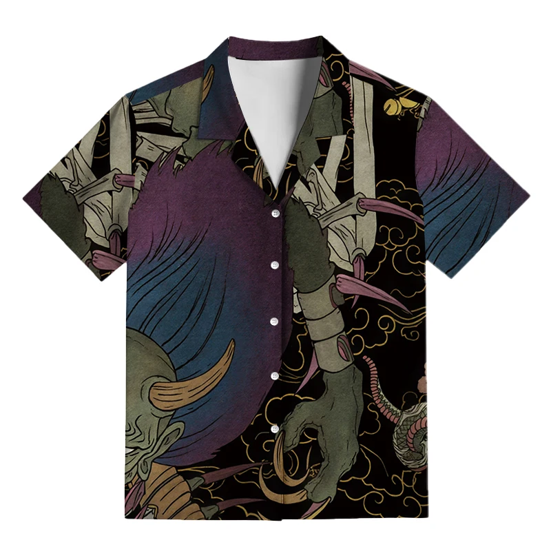 Men's Loose-Fit Short-Sleeve & Trouser Pajama Set – Dark-Style Yokai All-Over Print Casual Loungewear / Matching Family Style