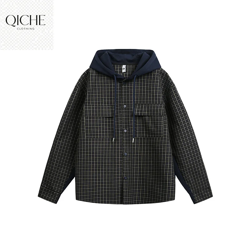 QICHE Coffee Black Plaid Open Shirt Men Hooded Design Dual Patch Pockets Navy Drawstring Loose Casual Shirt Jacket