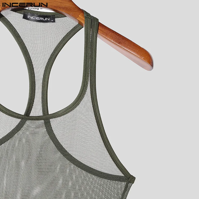 INCERUN Herren Mesh-Tanktops Lässige Einfarbige U-Ausschnitt Männer Sexy Westen Sommer Ärmellose Tops Attraktive Durchsichtige Herrenbekleidung – Detail 16