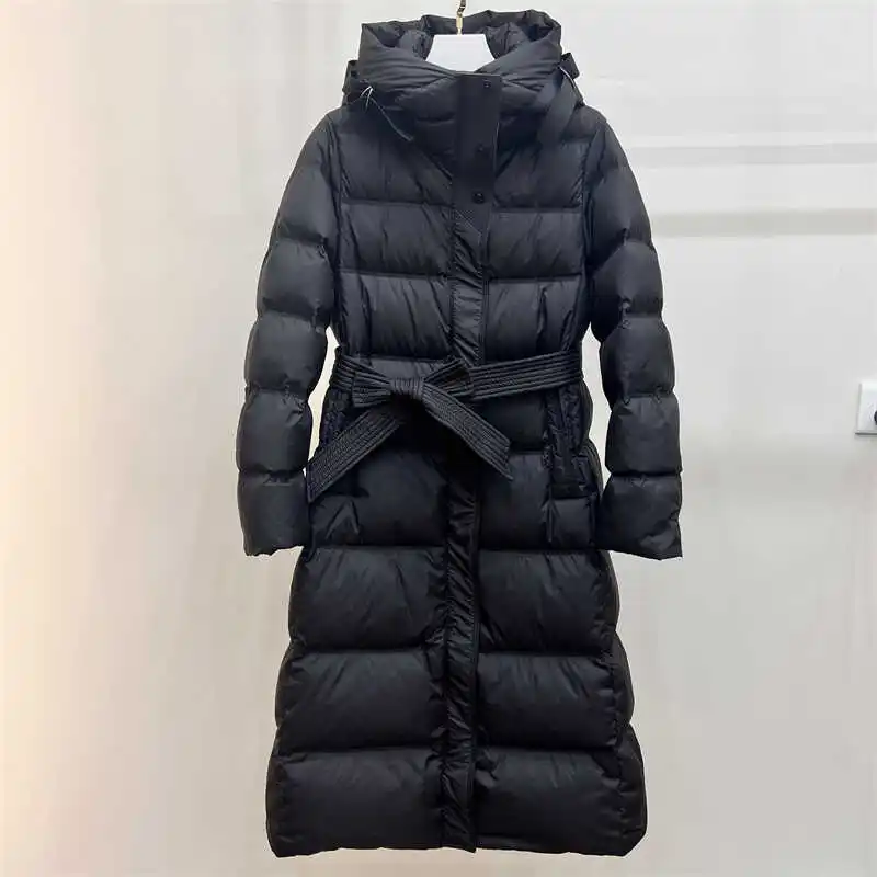 Women's Long Down Jacket Fitted Coat Below The Knee Autumn Winter New Style Hooded Fitted Waist Slimming Belted Warm Jacket