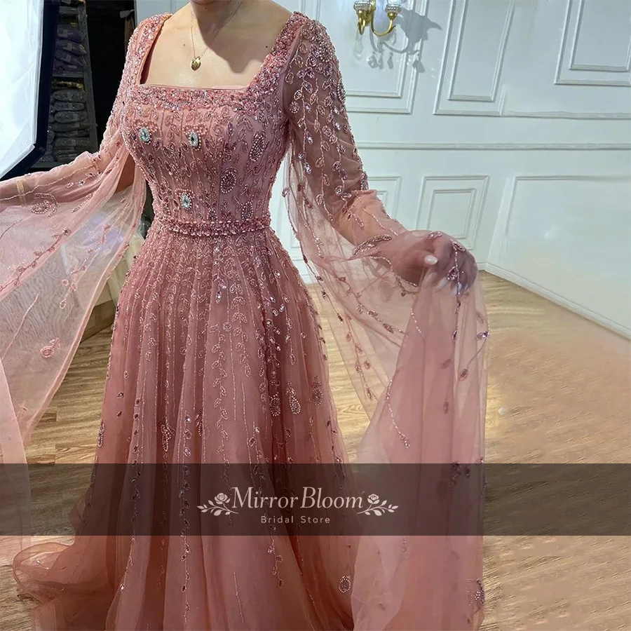 Robe de soirée de luxe rose pour invitée de mariage, style A-line, ornée de perles, col carré, manches longues, robe de bal formelle en mousseline, personnalisable