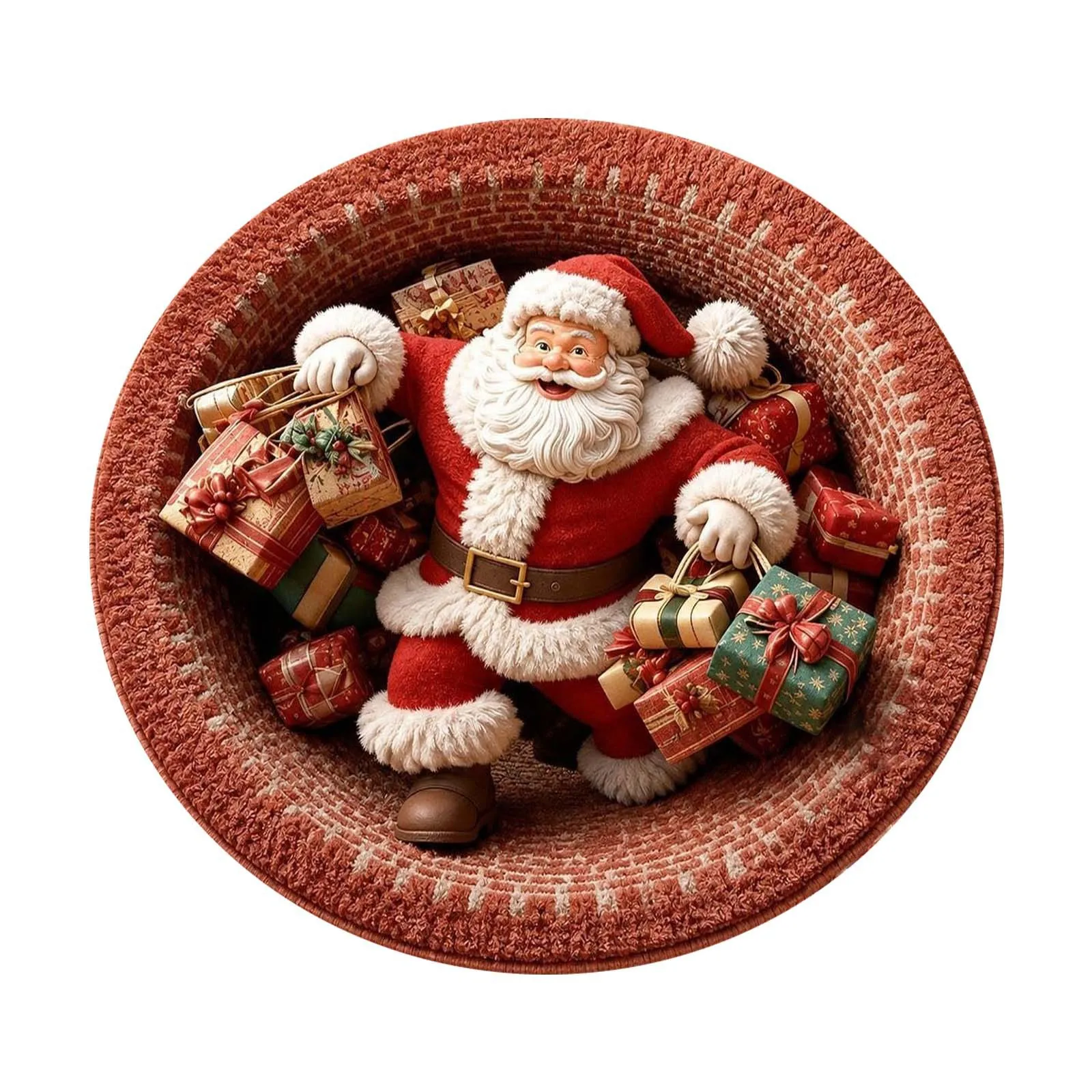 VIKAMA 3D Red Brick Well Tunnel Santa Claus Round Rug Gift Bag Plush Fluffy Non Slip Soft Washable Rug for Living Room Bedroom