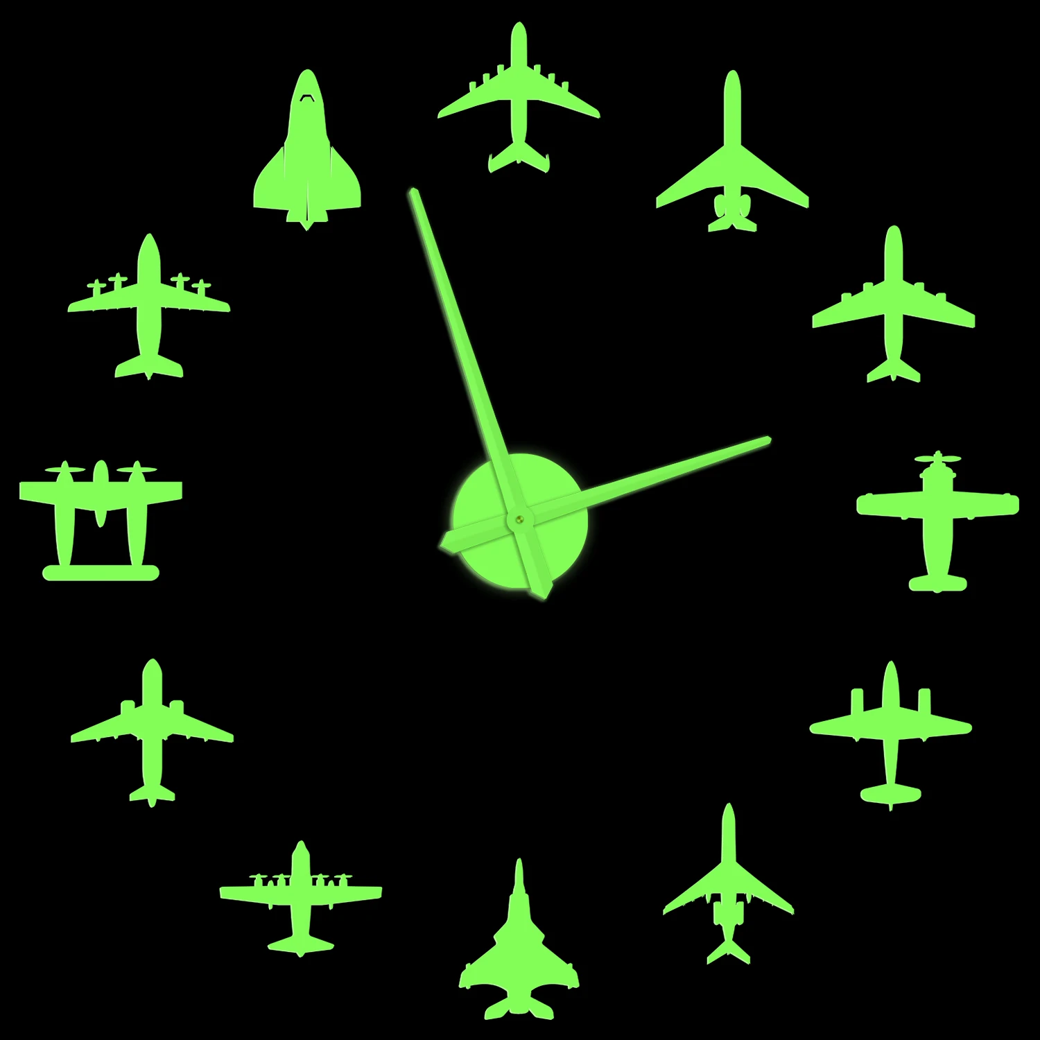 

Flying Plane Glowing Wall Clock Airplane Fighter Jet Room Decor Frameless DIY Stickers Oversized Silent Watch For Aviator Home