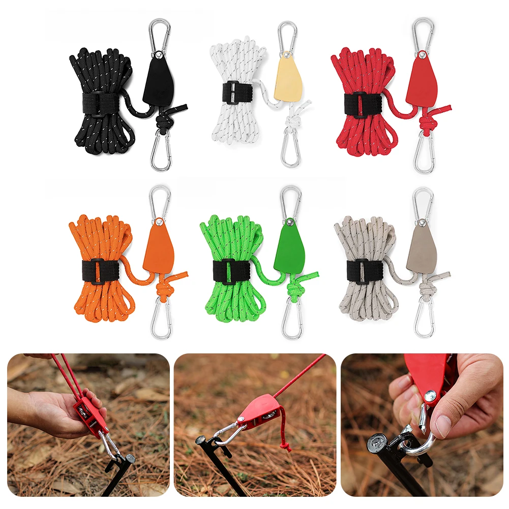 10-1PCS 4M 4MM Camping Rope Pulley Tensioner Ratchet Hangers Camping Awning Tent Wind Rope Pulley Hook Camping Supplies