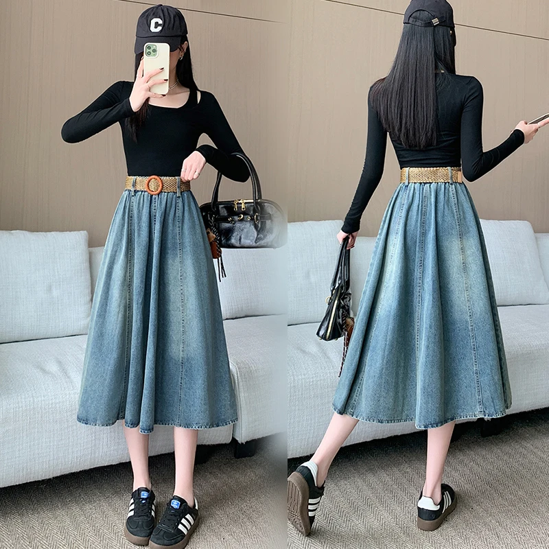 

Джинсовая юбка миди А-силуэта с высокой талией для полных женщин, весна-осень, винтажный стиль, пышная юбка для повседневной носки и творческого образа