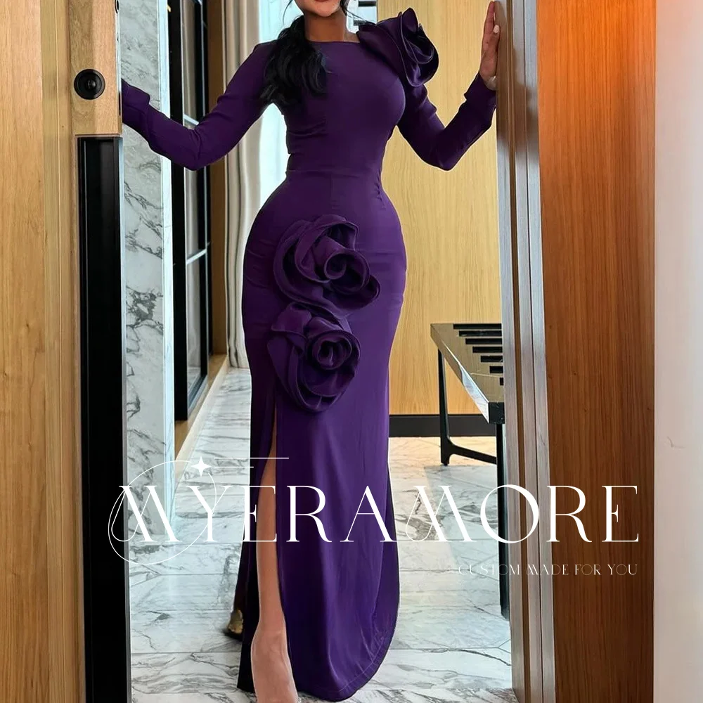 

Chic Purple Evening Dress for Women Elegant O Neck Floral Applique Side Slit Long Prom Dress Formal Gowns فساتين سهرة Customized