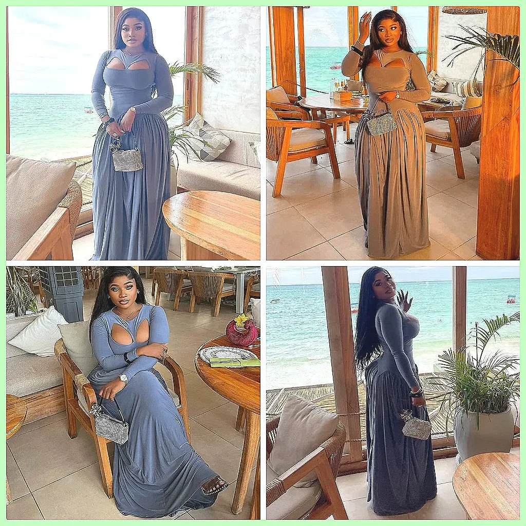 

Elegant High Waist Evening Dress, Solid Color O-Neck Draped Party Dress for Women