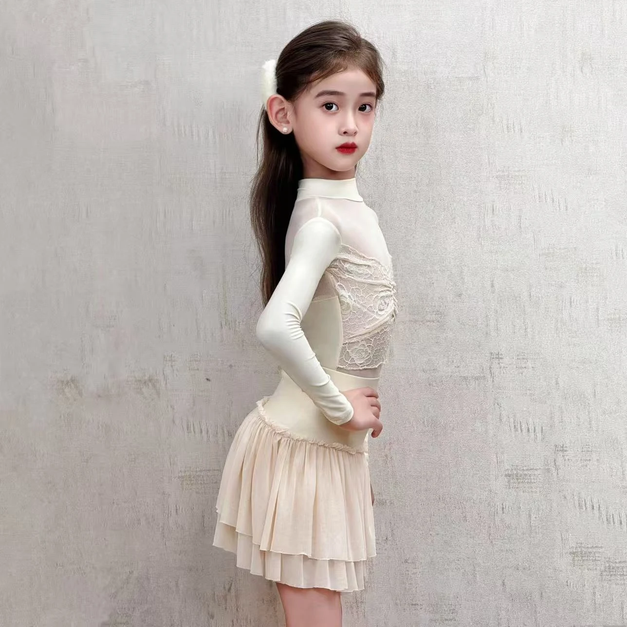 Fashion Latin Dance Competition Dress Children Salsa Latin Dance Performance Costume Girls Long Sleeves Latin Dance Dress 13813