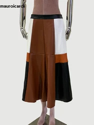 Mauroicardi Spring Long Patchwork Soft Pu Leather Midi Skirt Women High Waist 2024 Elegant Chic Luxury Designer Clothes Fashion