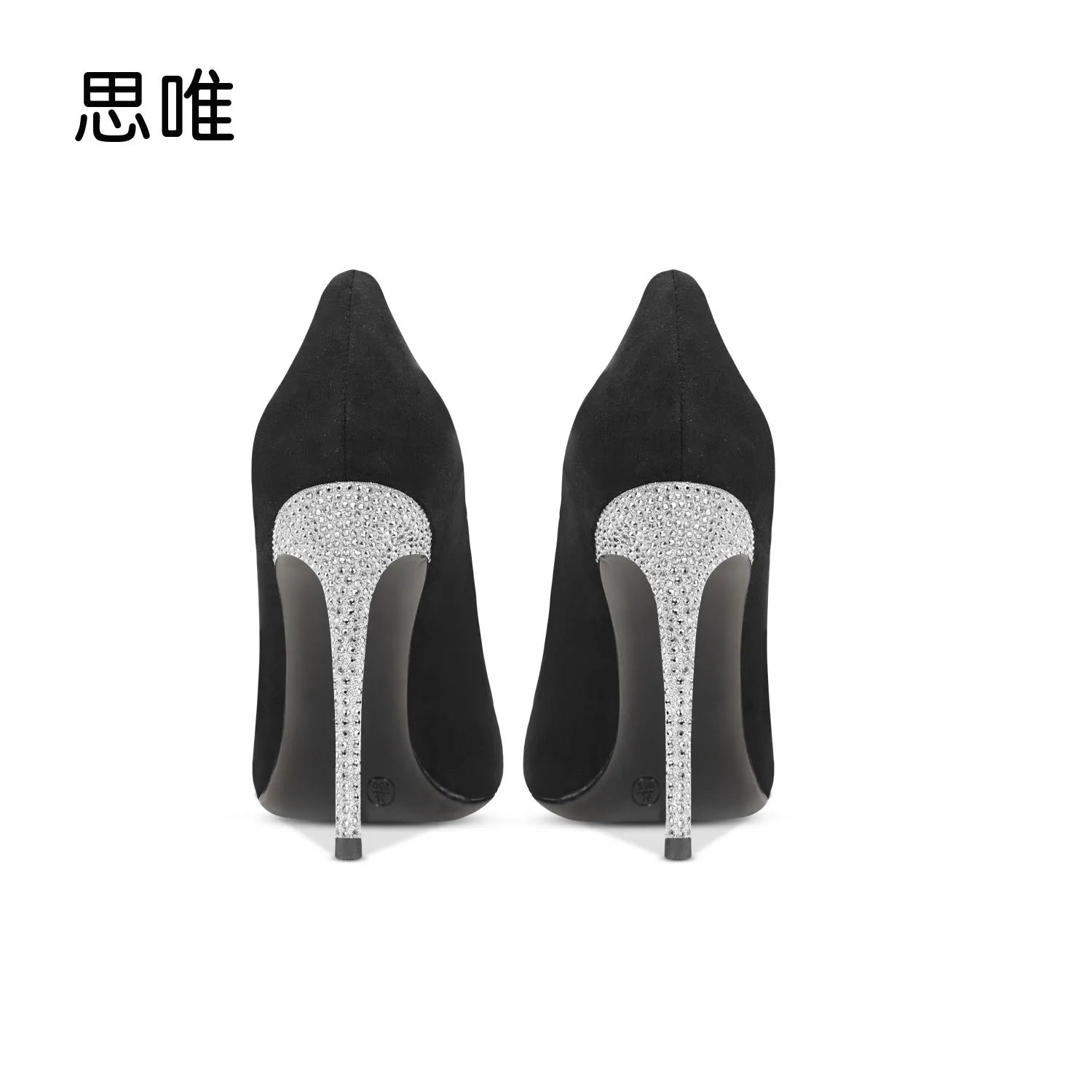 Genuine Leather Heels For Women 2024 Luxury Autumn High Heels Shoes Rhinestone Pumps Black Suede Pointed Toe Sexy Party Ladies