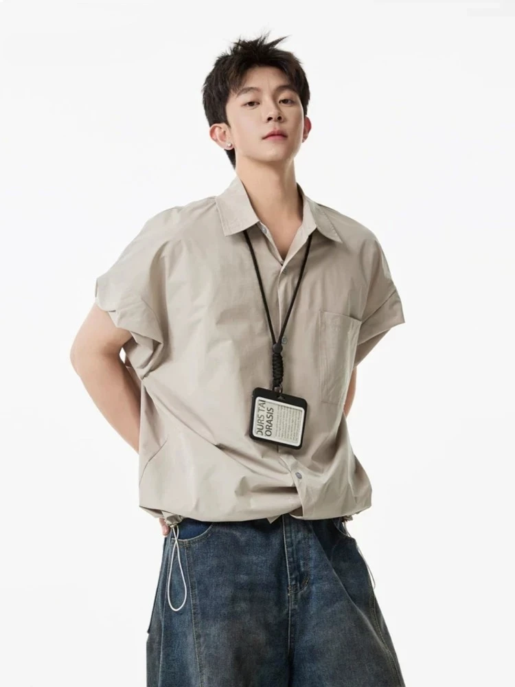 Unisex Workwear Short Sleeve Shirt for Men Women Summer Oversized Drawstring Cinch Hem Solid Cityboy Casual Shacket Top