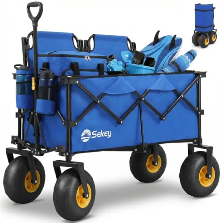 Heavy Duty Beach Wagon for sand, camping, groceries steel frame, black 9 sand-proof wheels, 600lb capacity, 200L foldable, adju