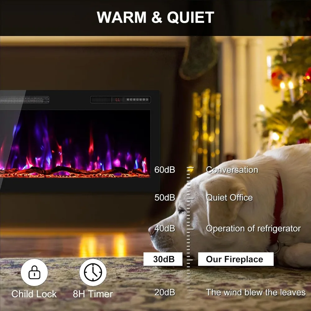 Calentador de chimenea eléctrico lineal ultrafino de 42 pulgadas montado en la pared con 750/1500W, llamas de troncos realistas, pantalla de alta definición f