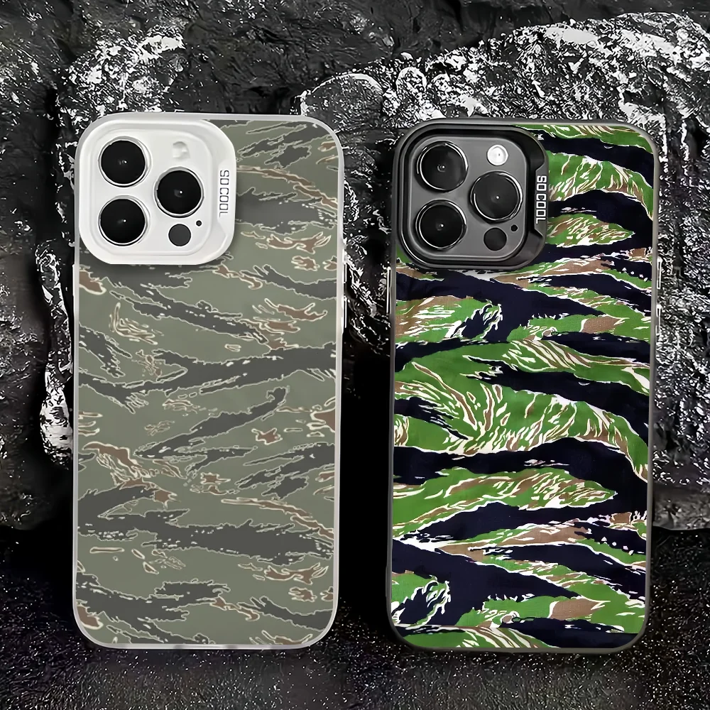 Funda Humor Tiger Stripe Camo Army para iPhone 17 14 Pro 12 Max 15 Plus 11 Mini 13 16 cubierta de Color láser IMD plateada galvanizada