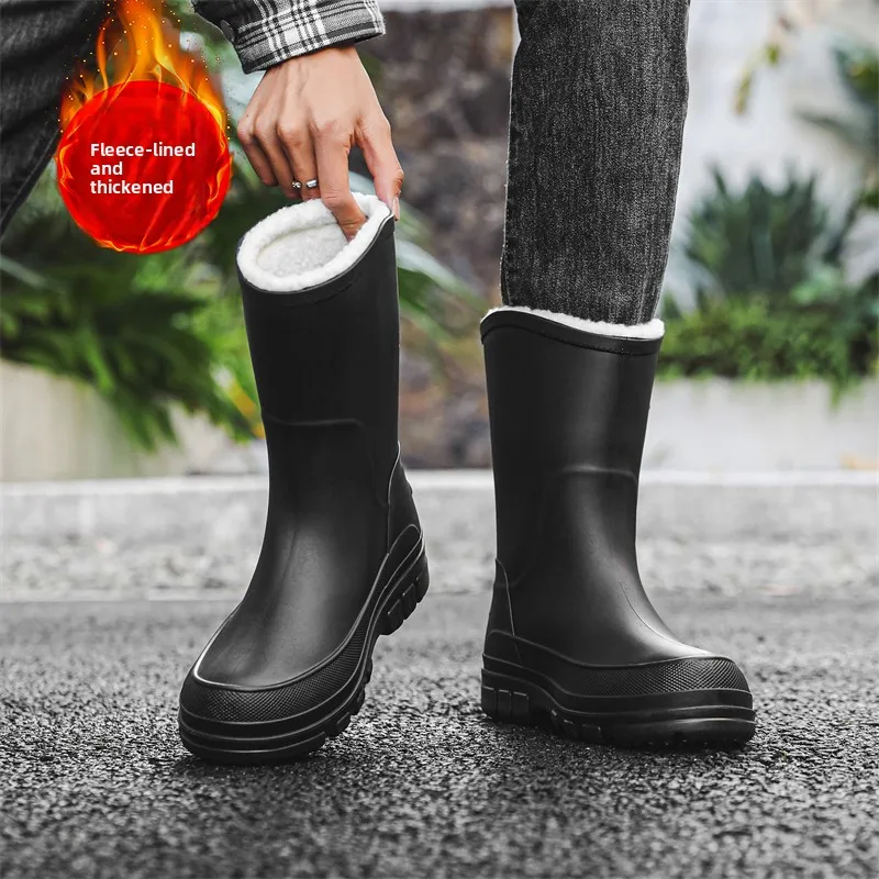 Men's Winter Fleece Lined Mid-Calf Rain Boots Anti-Slip Waterproof Work Rubber Boots Car Wash Fishing Outdoor Wear Water Shoes