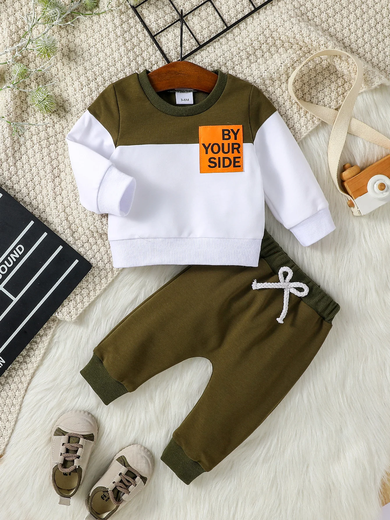 Baby Boys Long Sleeve Autumn Woven Lable Letter Sweatshirt +Pant For Cool Fashion Set 2PCS