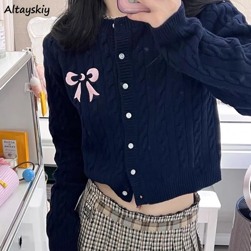 

Crop Knitted Cardigan Women Bow Print Slouchy Students All-match Temper Youthful O-neck Outwear Sweaters Schoolgirls Leisure