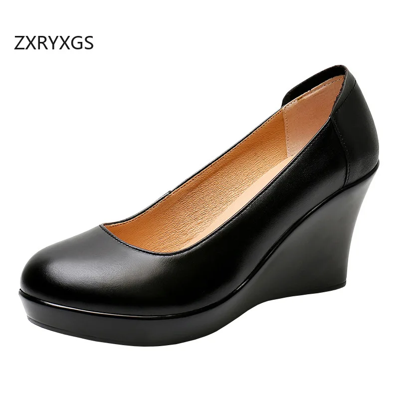 ZXRYXGS Elegant Temperament Genuine Leather Black Shoes Wedges High Heels 2026 Autumn Women's Pumps Office Work Banquet Shoes