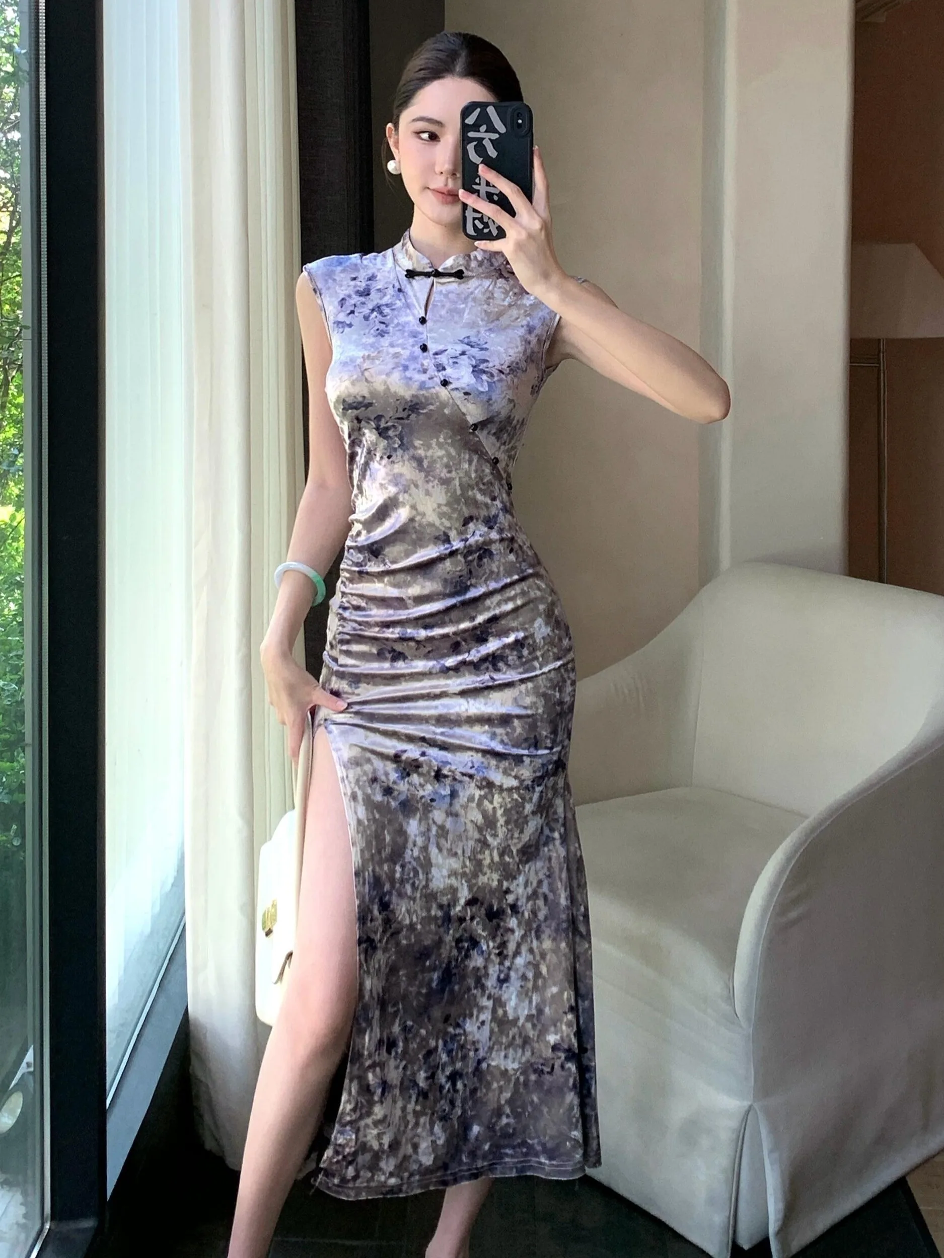 

Ретро-юбка в китайском стиле из бархата с принтом, модифицированная, женская, осенне-зимняя, облегающая, сексуальная, с разрезом, длинная, для повседневной носки