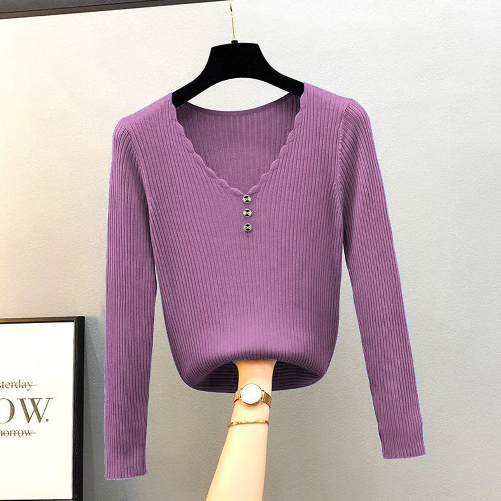 Button V Neck T Shirt Pullover Sweater Women S-2XL Black White Green Blue Purple Wine Knit Full Sleeve Jumper Soft Elastic Tops