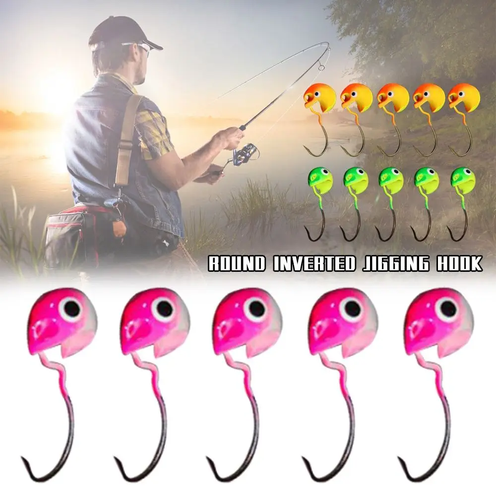 10g Weight Fishing Jig Head Hook 5Pcs Set With Eyes Round Inverted Jigging Hook Colored Design Soft Worm Grub Hook