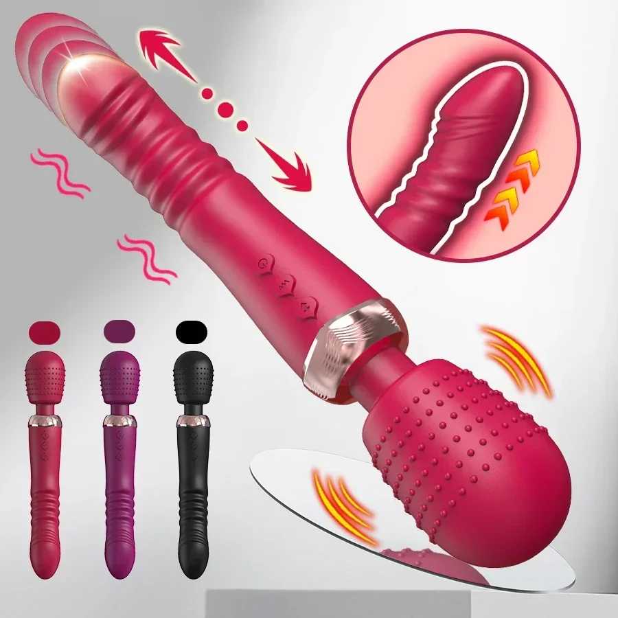 Powerful Thrusting Dildos Vibrator Three Motors Silicone Telescopic Plus Vibration Large Size Wand Massager Sex Toy for Couple