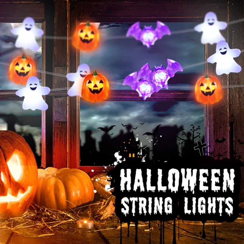 1 Stück 20/30 LED Halloween Kürbis Geist Fledermaus Lichterkette Batteriebetrieben Gruselige Feenlichter für Heimdekoration, Indoor-Party, Festivaldekoration – Detail 18