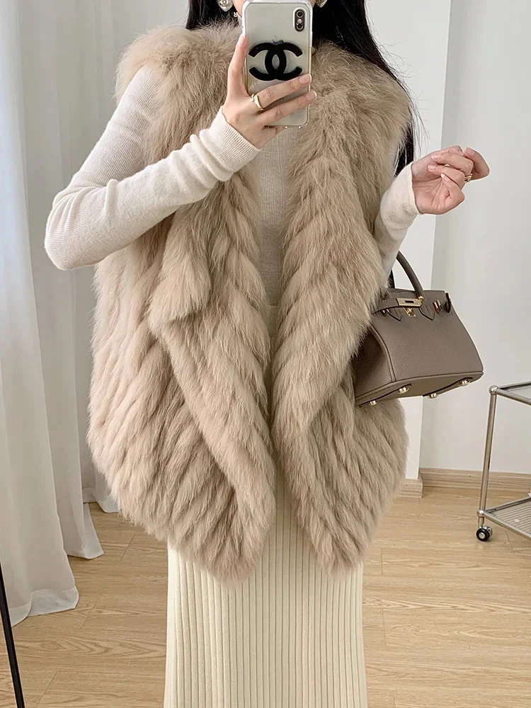 Fox Real Fur Sleeveless Vest Jacket Women Fashion Strip Sewed Toghter V-neck Elegant Warm Autumn Winter Coats