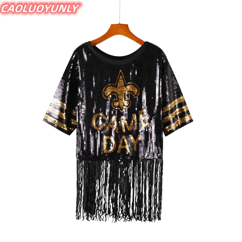 

Summer High Quality Tassel Geometric Streetwear Striped Short Sleeve Sequins T-Shirt Hip Hop Round Neck Straight Women's Wears