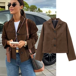 Dave&Di 2024 Autumn Maillard Vintage Suede Suit Short Jacket Casual Jacket Minimalist Women's Jacket Blazers