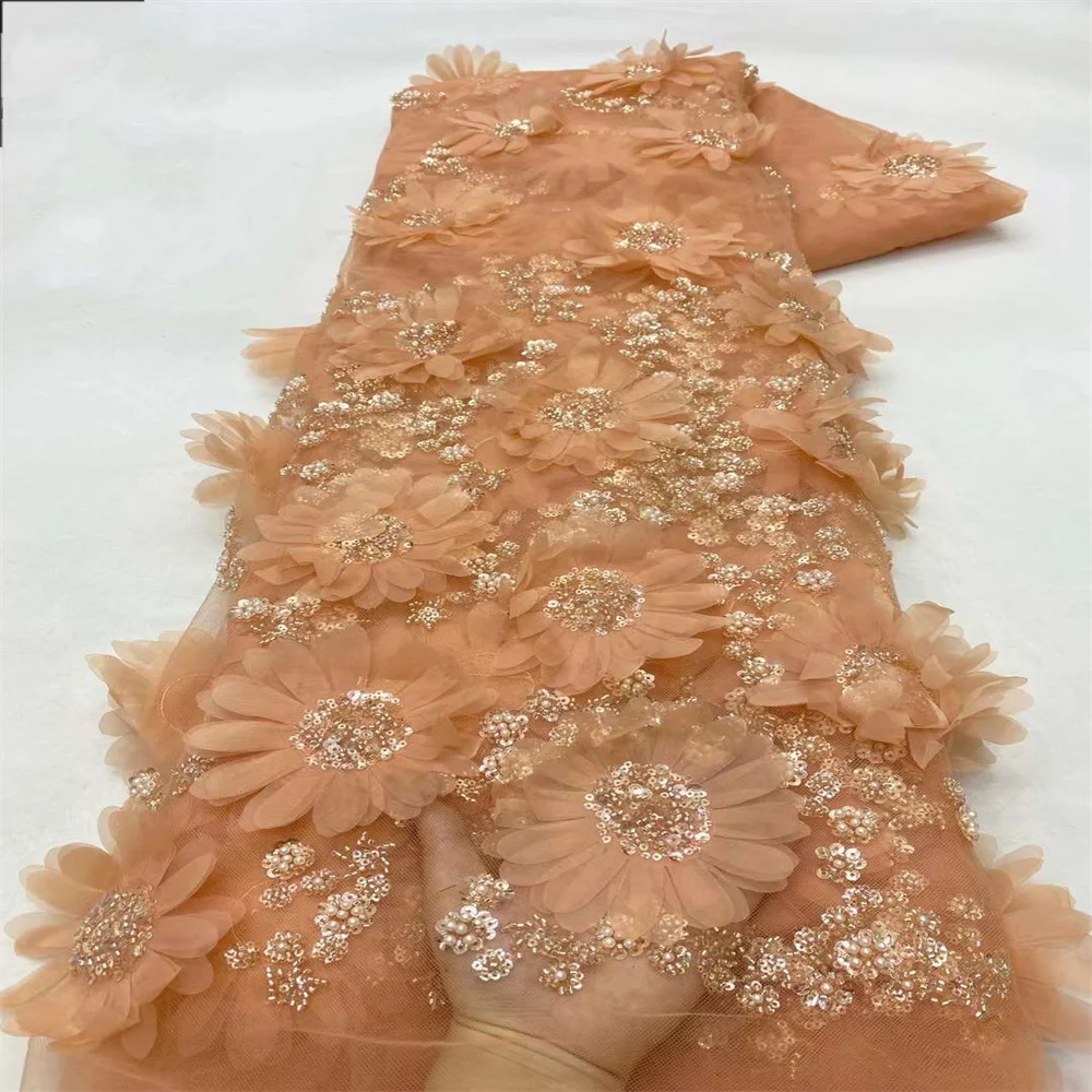 Vestido de novia nigeriano de alta calidad, tela de encaje francés, cuentas de lentejuelas, flor 3D, fiesta de boda, África, gran oferta, 5 yardas, nuevo, 2024