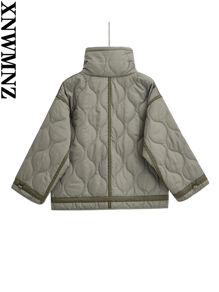 Xnwmnz moda feminina 2024 outono/inverno acolchoado jaqueta feminina vintage suporte pescoço bolso zíper casual feminino outerwear