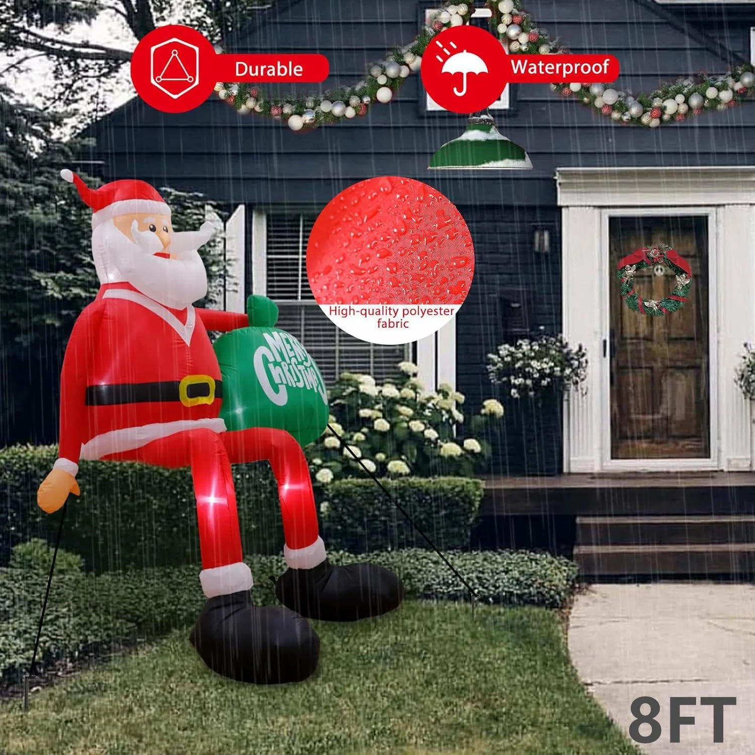 8ft 2.4m Christmas Model, Inflatable Santa Sitting On The Roof, Gift Bag With Led Lights, Holiday Party Decoration Supplies, New