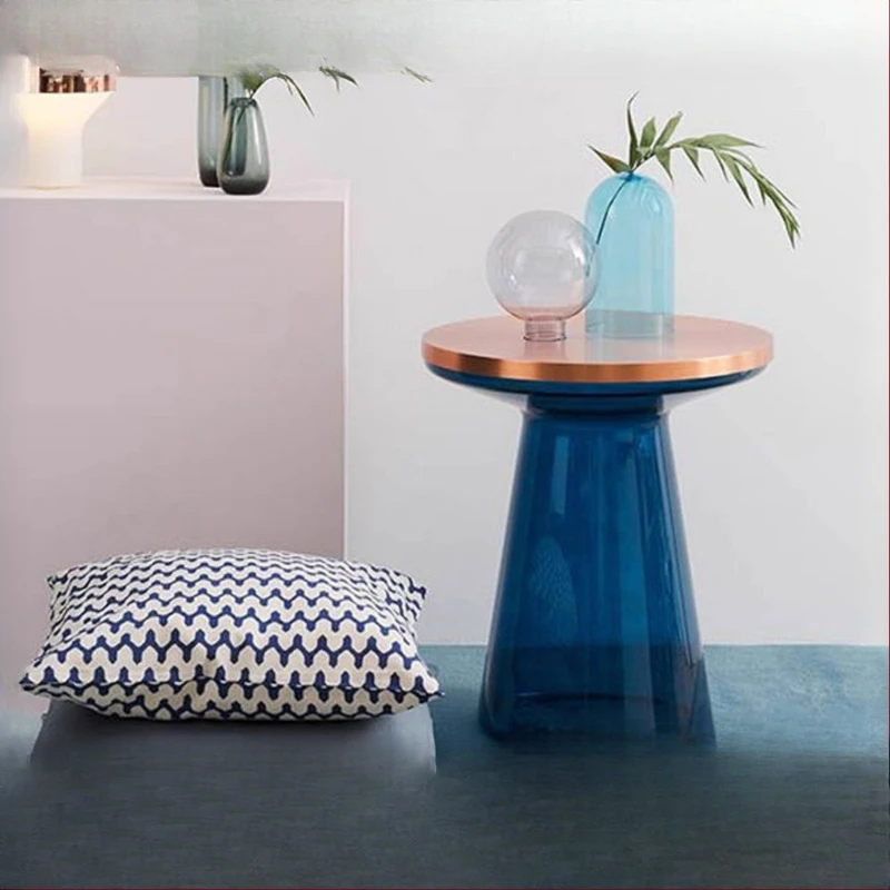 

Creative light luxury living room round metal coffee table colored transparent glass sofa edge table movable corner table