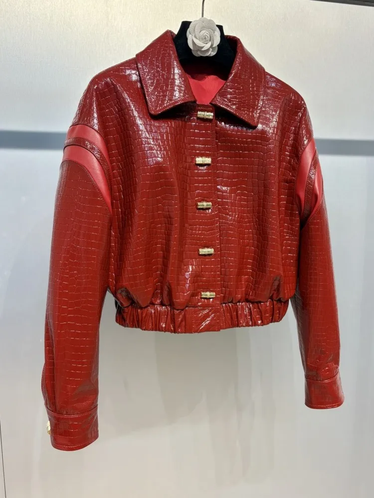 السيدات أنيقة التمساح الحبوب سترة جلدية حقيقية ترتيب الأسرة طوق الخريف الشتاء معطف قصير جلد الغنم الحقيقي المرأة عادية فضفاض #2