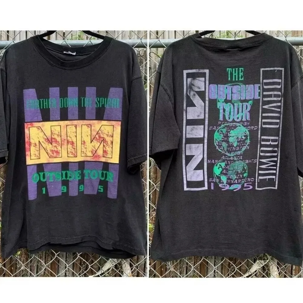 1995 Nine Inch Nails David Bowie The Outside Tour 2 lados negro camisetas masculinas de manga corta hombres mujeres verano cuello redondo camisetas de algodón