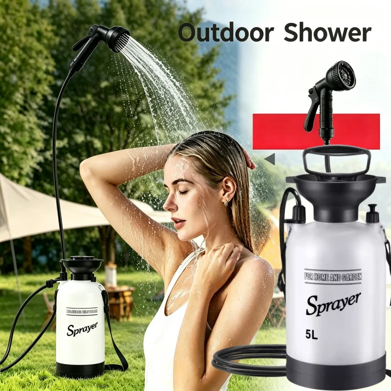 Bomba de chuveiro multifuncional de 5 litros + ferramenta de chuveiro portátil com mangueira de 3 metros, unidade de chuveiro manual para camping ao ar livre.
