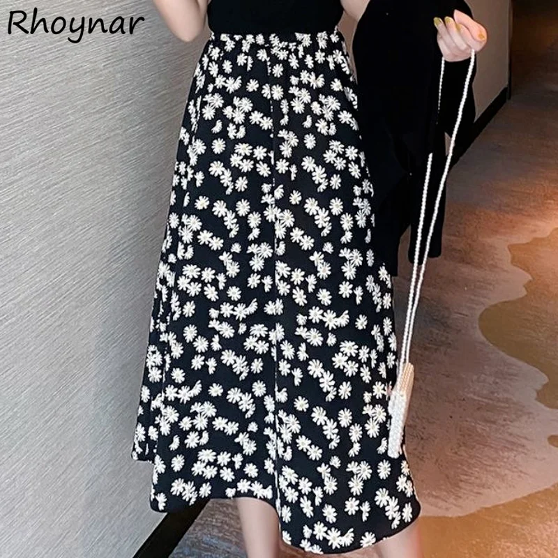 

Skirts Women Mid-calf Daisy Floral Thin Chiffon Soft Holiday All Match Loose Female Streetwear S-5XL Oversize Breathe Ins Chic