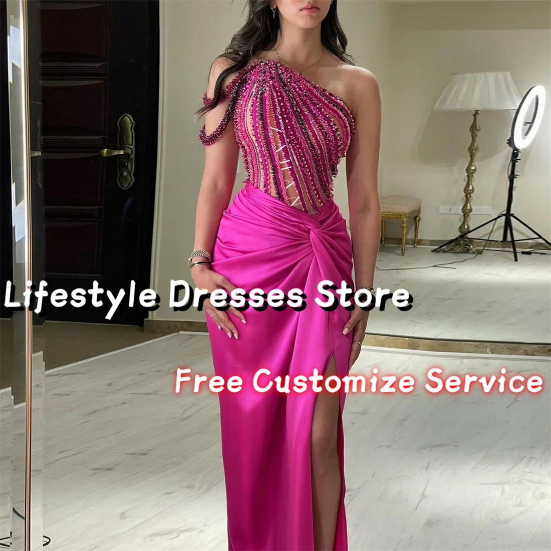 Customized One-shoulder Luxury Beaded Evening Dresses Sleeveless Pleat Satin Long Prom Dresses Wedding Formal Party Gown