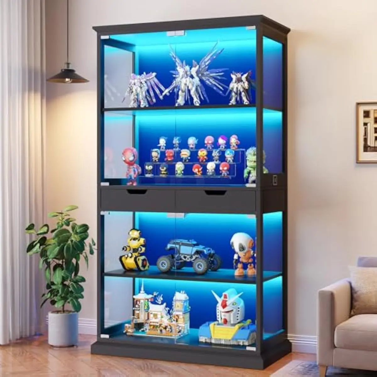 Display Cabinet with Glass Doors, 4-Tier Curio Cabinet with with 2 Drawers for Collectibles, Modern Glass Display Case Human Bod