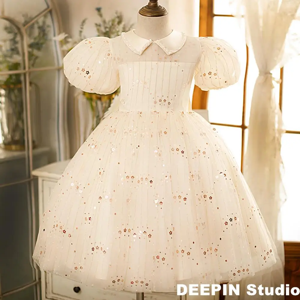 

2024 New Baby Dress Girls 1-st Birthday Dress For Baby Girls Star Sequins Elegant Princess Dresses Infant Party Christening Gown
