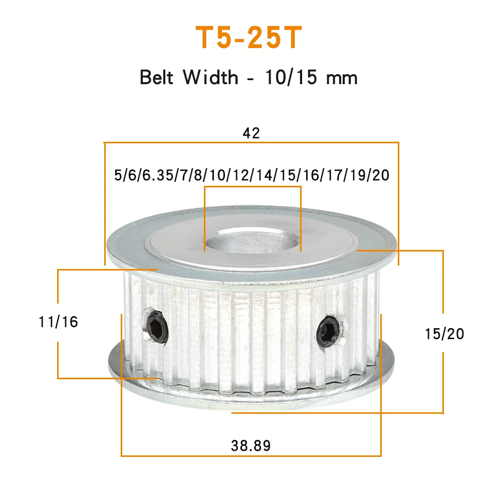 Pulley Wheel T5-25T Bore 5/6/6.35/7/8/10/12/14/15/16/17/19/20mm Toothed Pulley Teeth Pitch 5mm For T5 Width 10/15mm Rubber Belt