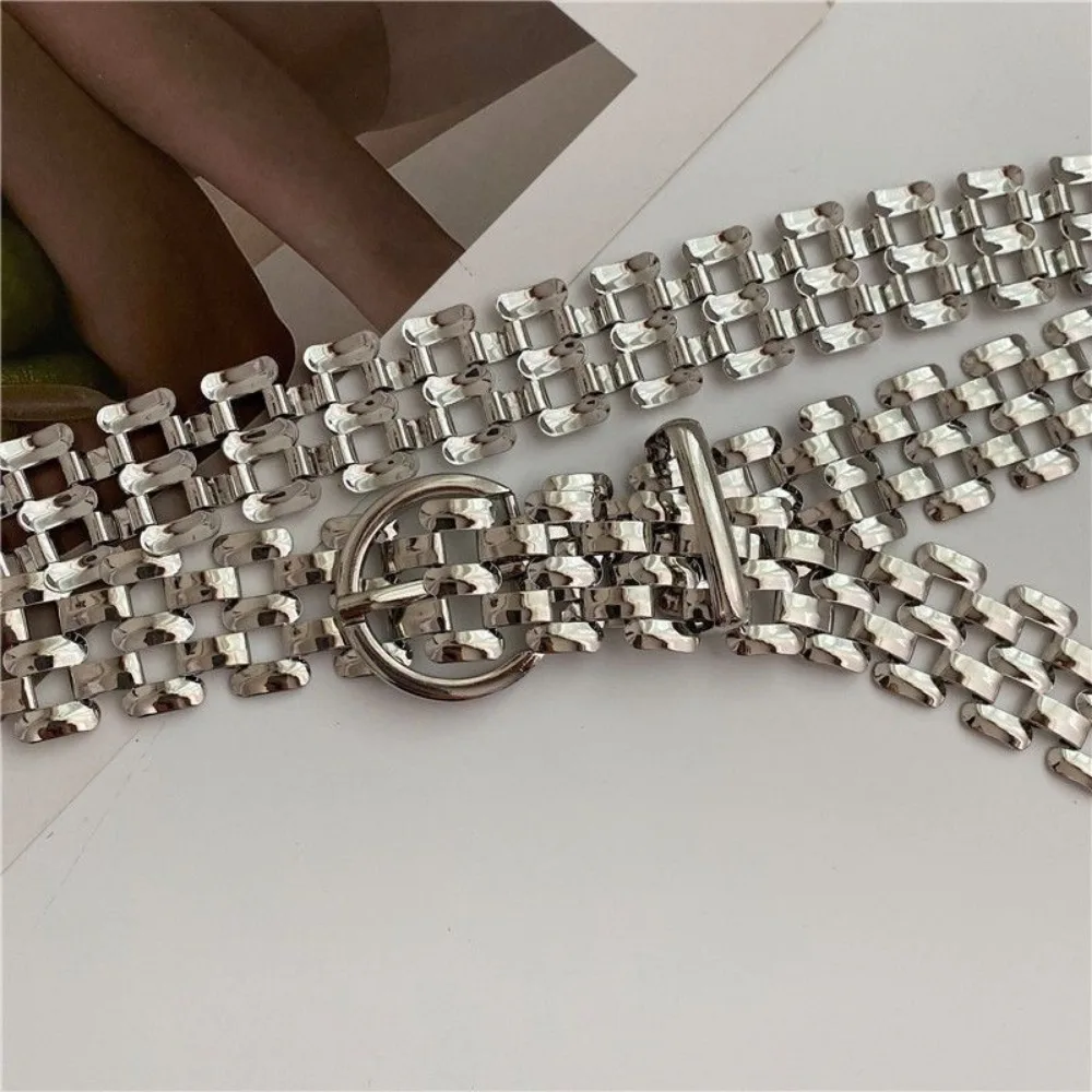 Silver Thick Chain Mid-Waist Belt Thick Woven Chain Belt Pink Buckle Gold for Women