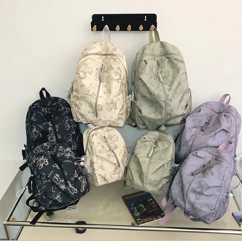 1Pcs Bear Print Nylon Backpack Unisex Student Casual Travel Large Capacity Laptop Bag Daily School Backpack For Adults