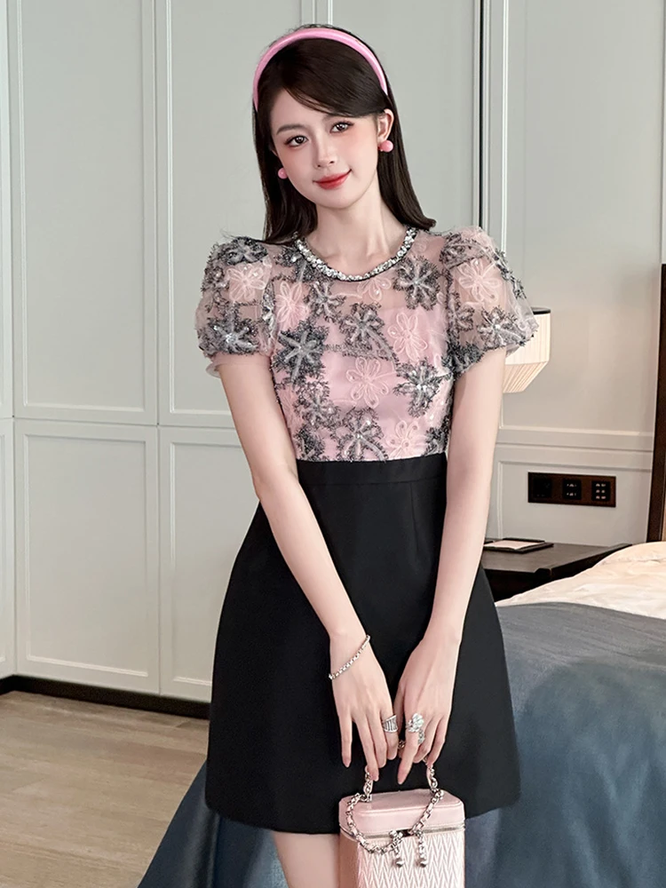 Celebrtiy Sweet Prom Dress Women's Exquisite Pink Bright Shiny Sequins Sheer Lace Mesh Fake 2 Piece Gown Birthday Party Vestidos