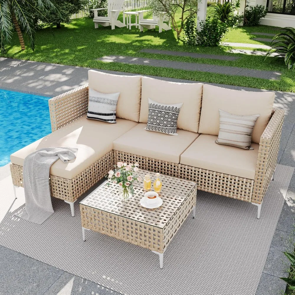 

Patio Furniture Set, Outdoor Couch with Glass Coffee Table&Thick Cushion, Wicker Chaise Longue Sofa Set, All-Weather PE Rattan