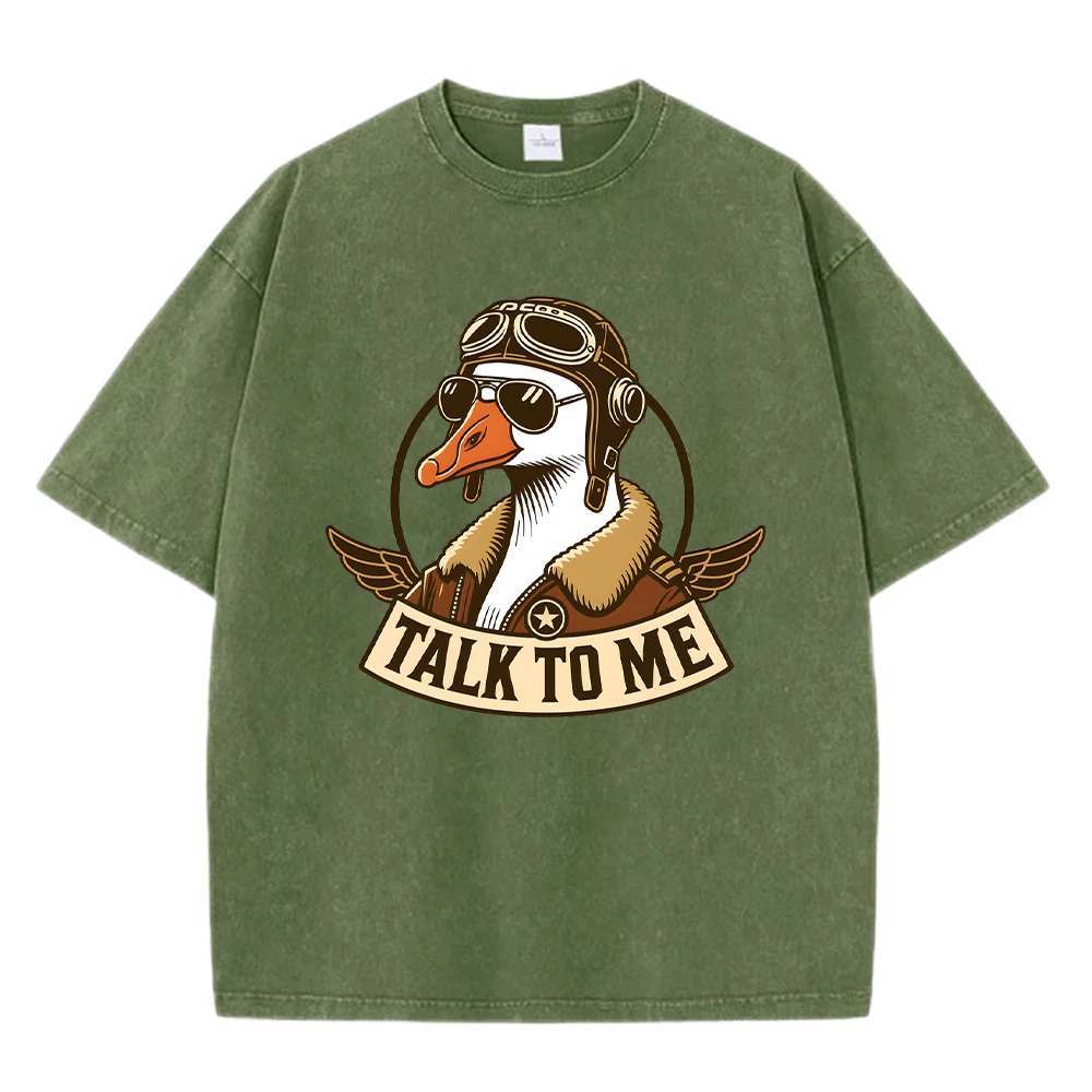

Talk To Me Pilot Duck Printed Man'S Washed T Shirt Summer O-Neck Tops Loose Soft Short Sleeve Cotton Clothes Casual T-Shirt