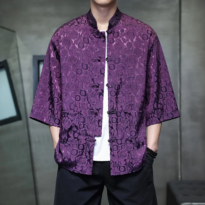 

Chinese Style Ice Silk Jacquard Shirt For Men Spring Summer Casual Fashion Loose Retro Stand Collar Seven Quarter Sleeve Shirts
