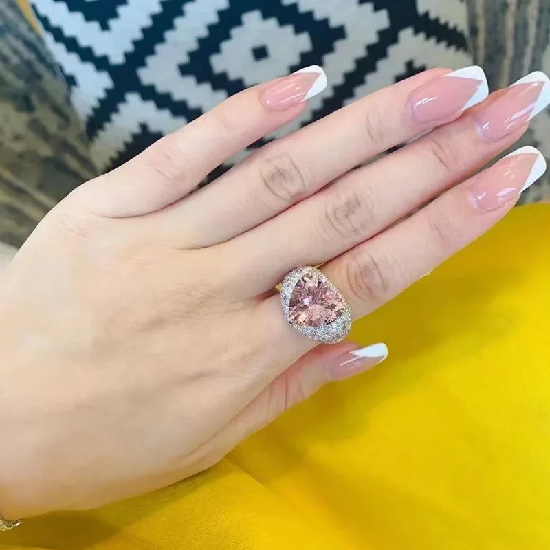 2023 Big Pink Crystal LOVE Heart Open Ring for Women Stamp Wedding Luxury Vintage Silver Color Aesthetic Jewelry Accessories